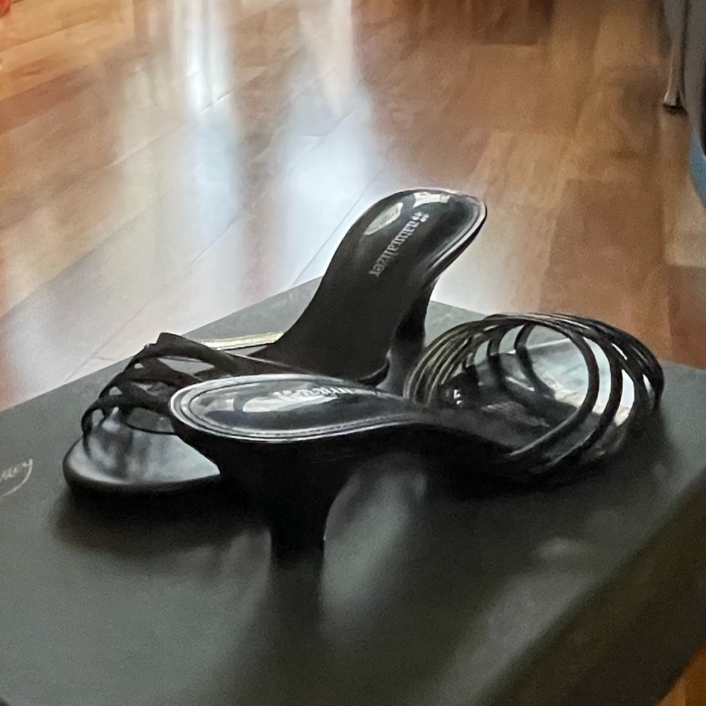 Black patent leather heeled sandals size 6.5W Black kitten heels